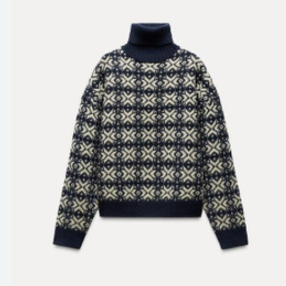 NWOT Zara JACQUARD SLIGHTLY KNIT FAIR ISLE TURTLENECK SWEATER NAVY CREAM Wool - Picture 5 of 9
